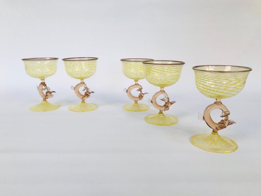 German Art Deco Handcrafted Champagne Glasses with Fish-Shaped Stems from Lauscha Glashütte, 1920s, Set of 5-JP-1219758