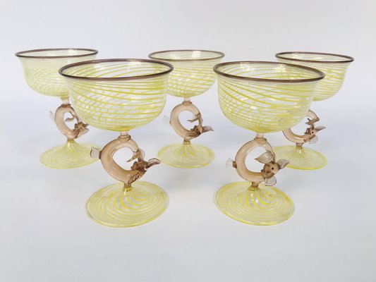 German Art Deco Handcrafted Champagne Glasses with Fish-Shaped Stems from Lauscha Glashütte, 1920s, Set of 5-JP-1219758