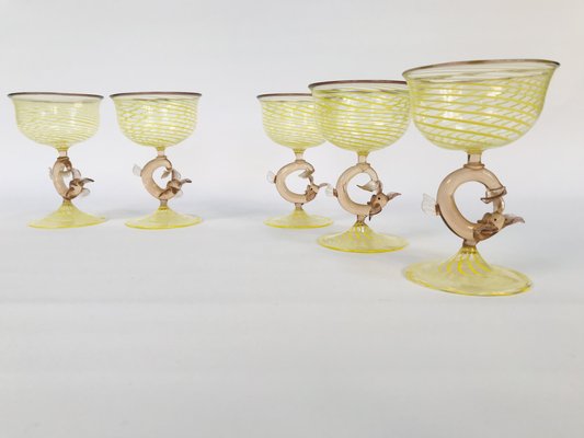 German Art Deco Handcrafted Champagne Glasses with Fish-Shaped Stems from Lauscha Glashütte, 1920s, Set of 5-JP-1219758