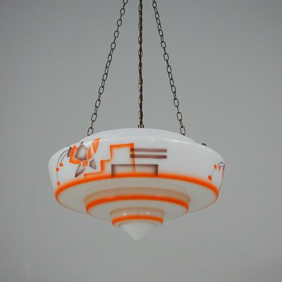 German Art Deco Pendant Lamp in Enameled Glass and Brass, 1930s-OE-933630