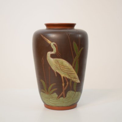 German Art Nouveau Ceramic Painted Vase with a Crane and Reed, 1910-FB-808543