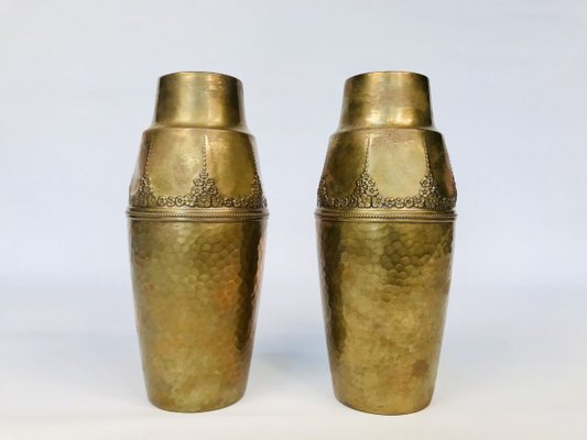 German Art Nouveau Wrought & Hammered Brass Vases from WMF, 1920s, Set of 2-JP-788427