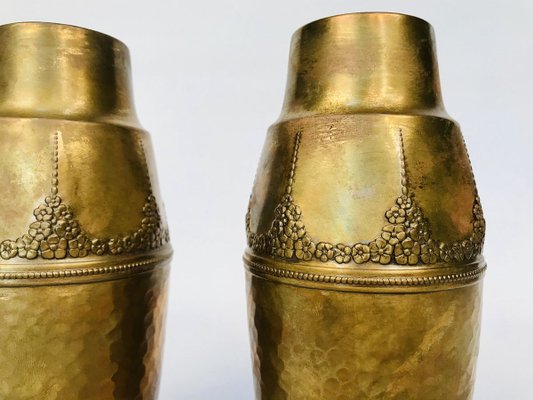 German Art Nouveau Wrought & Hammered Brass Vases from WMF, 1920s, Set of 2-JP-788427