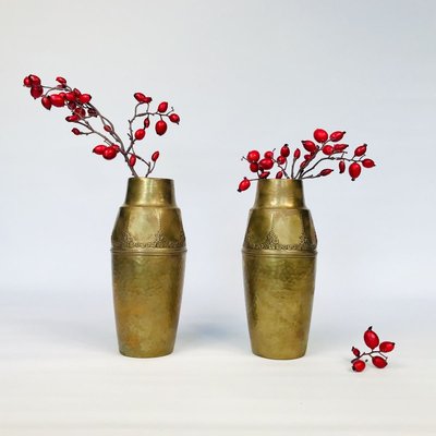 German Art Nouveau Wrought & Hammered Brass Vases from WMF, 1920s, Set of 2-JP-788427