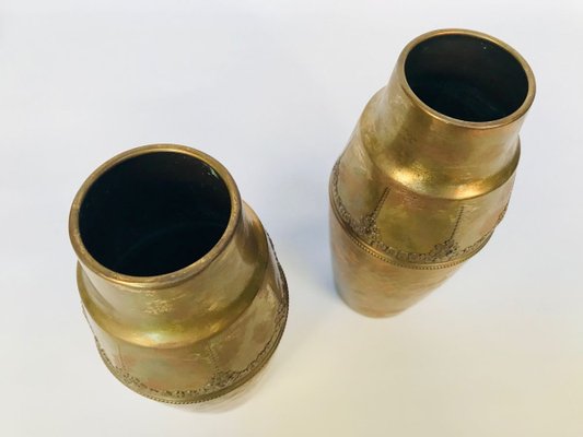 German Art Nouveau Wrought & Hammered Brass Vases from WMF, 1920s, Set of 2-JP-788427