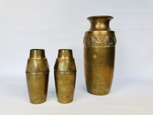 German Art Nouveau Wrought & Hammered Brass Vases from WMF, 1920s, Set of 2-JP-788427