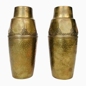 German Art Nouveau Wrought & Hammered Brass Vases from WMF, 1920s, Set of 2-JP-788427