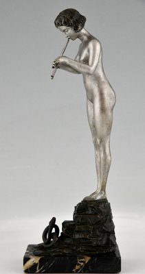 German Artist, Art Nouveau Nude Snake Charmer, 1900, Bronze & Marble-KTN-1422937