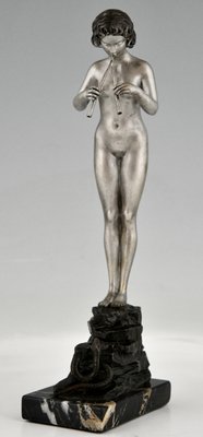 German Artist, Art Nouveau Nude Snake Charmer, 1900, Bronze & Marble-KTN-1422937