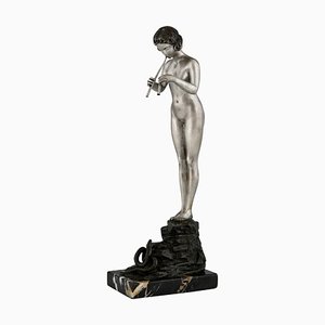 German Artist, Art Nouveau Nude Snake Charmer, 1900, Bronze & Marble-KTN-1422937