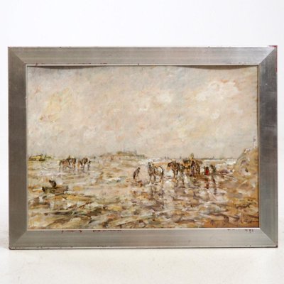 German Artist, Impressionist Landscape with Figures, Painting, Framed-SA-636380