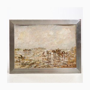 German Artist, Impressionist Landscape with Figures, Painting, Framed-SA-636380