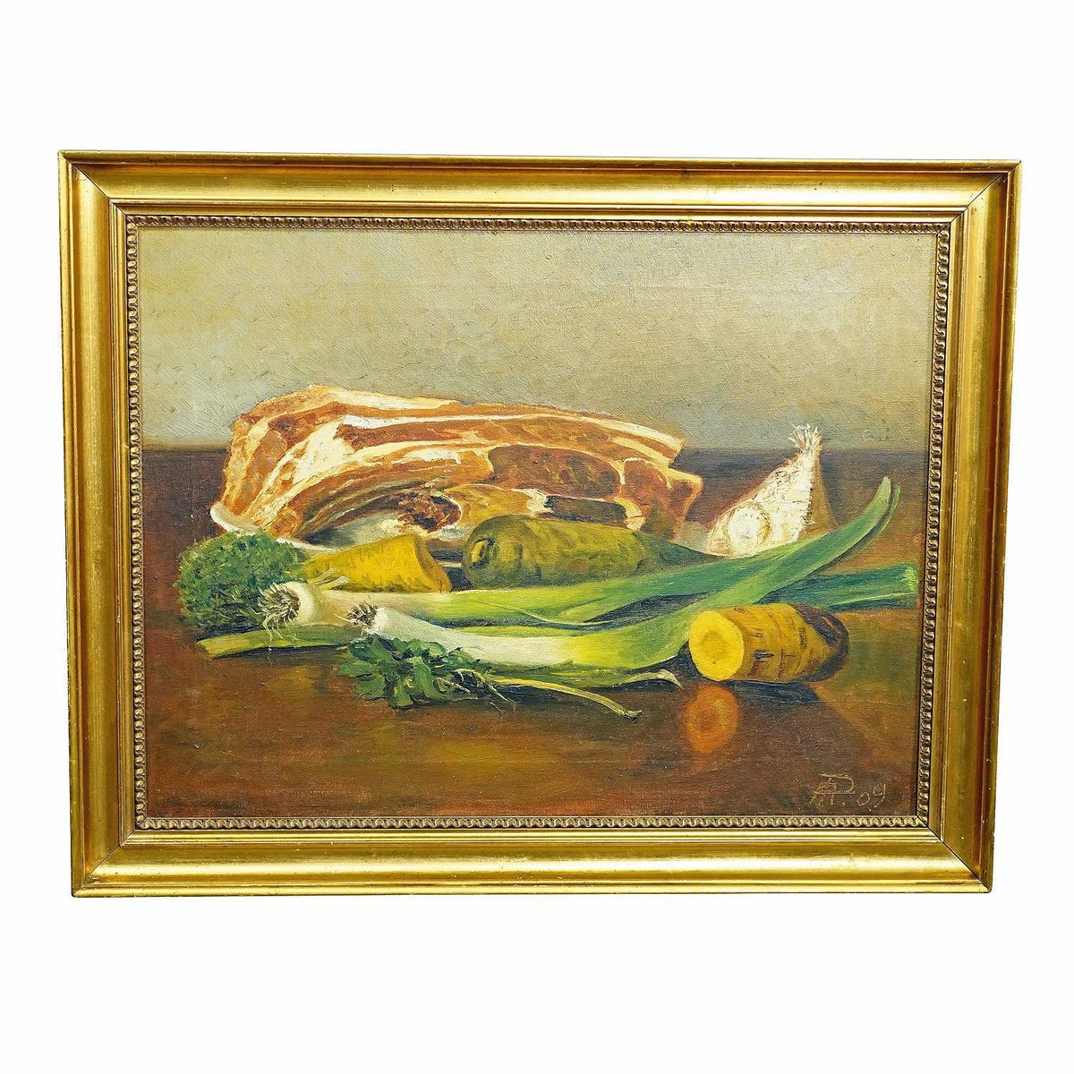 German Artist, Still Life with Meat and Vegetables, Oil on Canvas, 1909, Framed