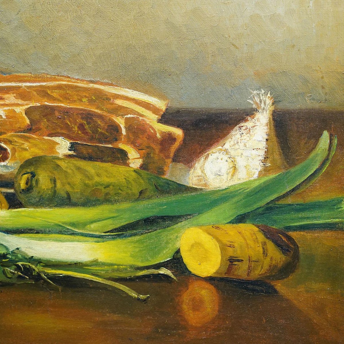 German Artist, Still Life with Meat and Vegetables, Oil on Canvas, 1909, Framed