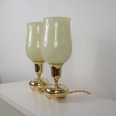 German Bauhaus Brass and Opal Torchiere Table Lamps, 1930s, Set of 2-OE-897908