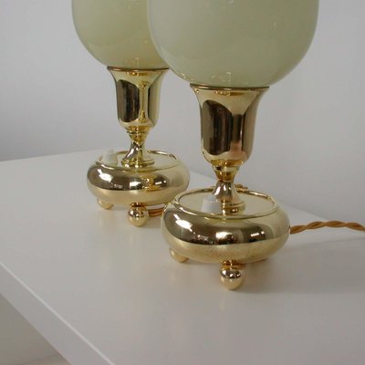 German Bauhaus Brass and Opal Torchiere Table Lamps, 1930s, Set of 2-OE-897908