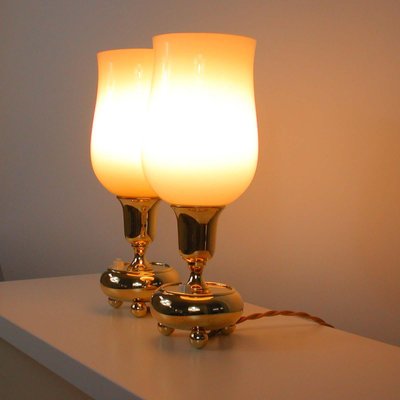 German Bauhaus Brass and Opal Torchiere Table Lamps, 1930s, Set of 2-OE-897908