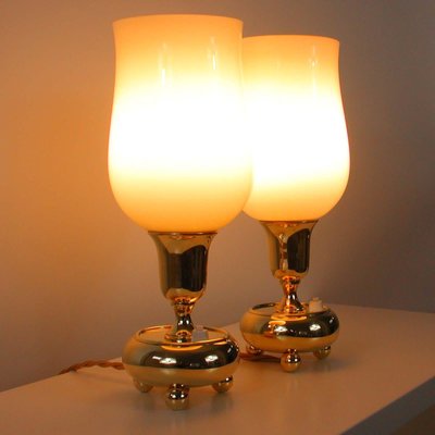 German Bauhaus Brass and Opal Torchiere Table Lamps, 1930s, Set of 2-OE-897908