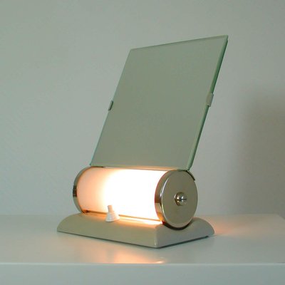 German Bauhaus Illuminated Opaline Glass Vanity Mirror & Table Lamp Combo-OE-897861