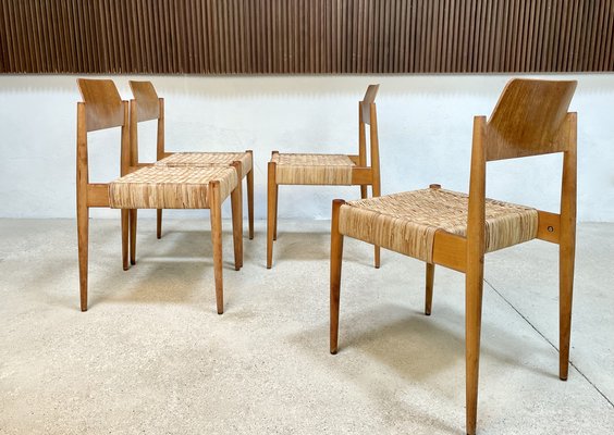 German Beech and Wicker SE 119 Dining Chairs by Egon Eiermann for Wilde + Spieth, 1950s, Set of 4-JP-1354528