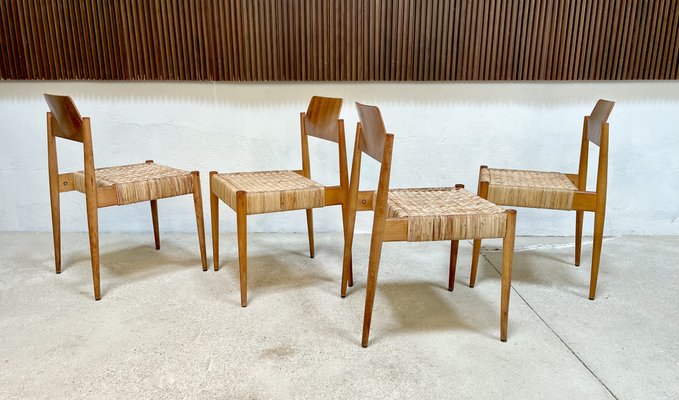 German Beech and Wicker SE 119 Dining Chairs by Egon Eiermann for Wilde + Spieth, 1950s, Set of 4-JP-1354528