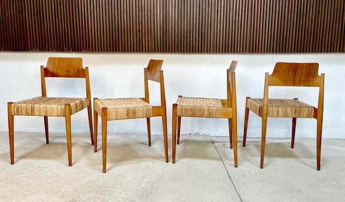 German Beech and Wicker SE 119 Dining Chairs by Egon Eiermann for Wilde + Spieth, 1950s, Set of 4-JP-1354528