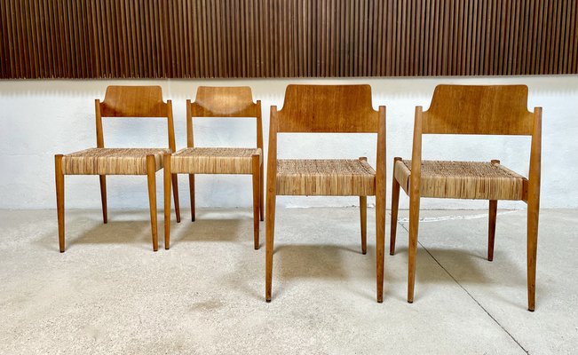 German Beech and Wicker SE 119 Dining Chairs by Egon Eiermann for Wilde + Spieth, 1950s, Set of 4-JP-1354528