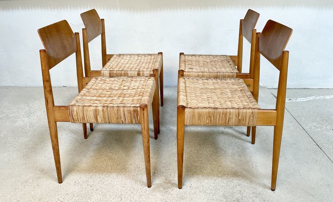 German Beech and Wicker SE 119 Dining Chairs by Egon Eiermann for Wilde + Spieth, 1950s, Set of 4-JP-1354528