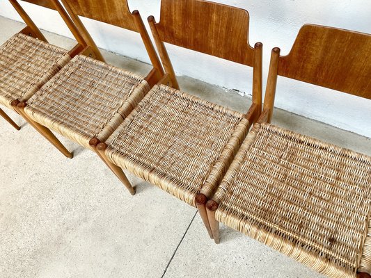 German Beech and Wicker SE 119 Dining Chairs by Egon Eiermann for Wilde + Spieth, 1950s, Set of 4-JP-1354528