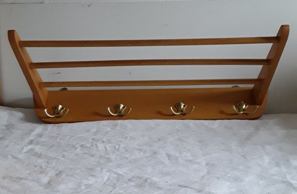 German Beech & Brass Wall Rack, 1960s-HOI-773386