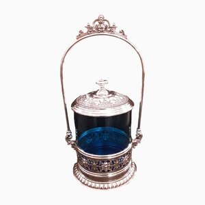 German Biscuit Box with Decorated Silver-Plated Metal Frame and Original Blue Glass Insert from WMF, 1900-HOI-1408828