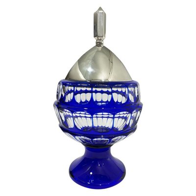 German Blue Bohemian Crystal Bowl with Silver Lid by Hermann Behrnd, Dresden-UCH-1224319