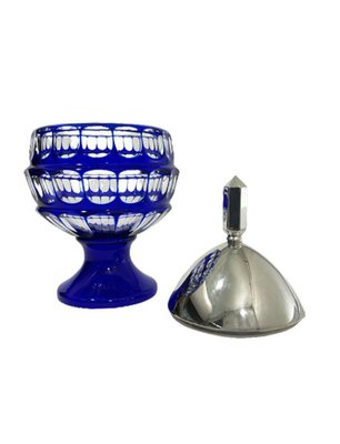 German Blue Bohemian Crystal Bowl with Silver Lid by Hermann Behrnd, Dresden-UCH-1224319