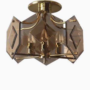 German Brass and Smoke Glass Ceiling Light attributed to Sische Leuchten, 1980e-ESB-1817755