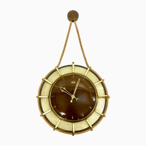 German Brass Wind Up Wall Clock with Rope Hanger by UPG Halle, 1960s-ZCY-2016194