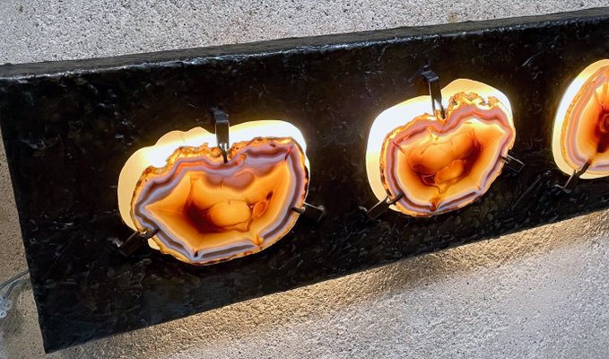 German Brutalist Relief Copper Art Wall Lamp Sculpture With Agate Slices, 1960s-JP-1180518