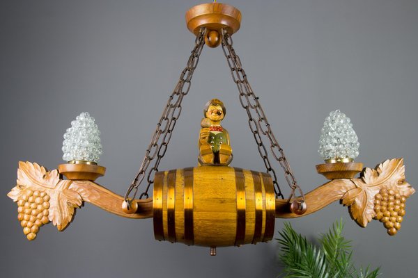 German Carved Wood Two-Light Wine Cellar Chandelier-KEG-1086471