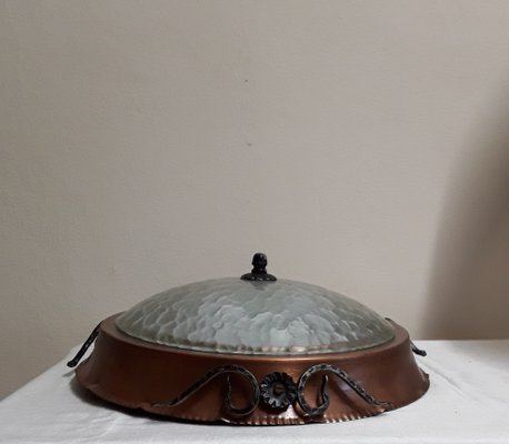 German Ceiling Lamp in Copper and Wrought Iron with Arched Glass Shade from Neu-Lux, 1970s-HOI-1736827