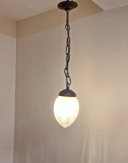 German Ceiling Lamp with Cone-Shaped Relief Glass Shade on a Brass Mount, 1920s