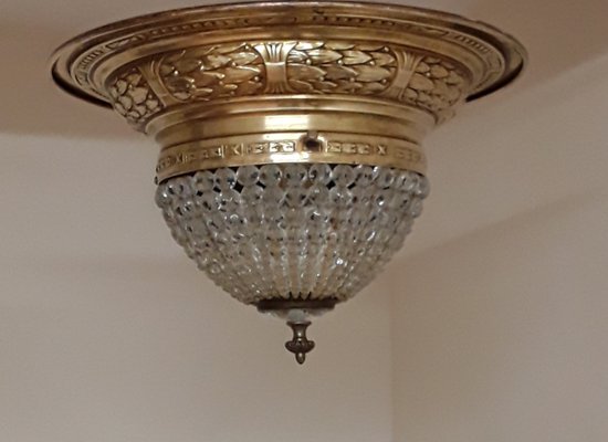 German Ceiling Lamp with Large Decorated Brass Mount and Glass Bead Shade, 1900s-HOI-1422961