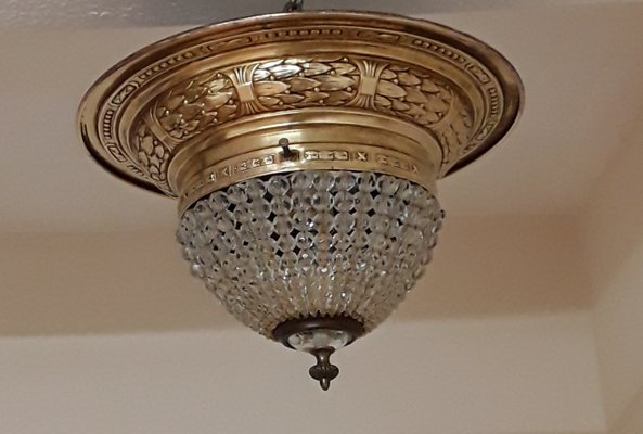 German Ceiling Lamp with Large Decorated Brass Mount and Glass Bead Shade, 1900s-HOI-1422961