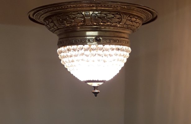 German Ceiling Lamp with Large Decorated Brass Mount and Glass Bead Shade, 1900s-HOI-1422961