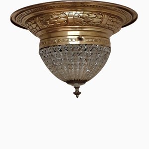 German Ceiling Lamp with Large Decorated Brass Mount and Glass Bead Shade, 1900s-HOI-1422961