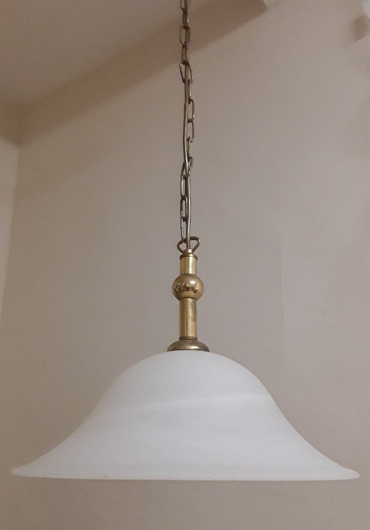 German Ceiling Lamp with Patterned White Glass Shade and Brass Mounting from Hönsel, 1980s