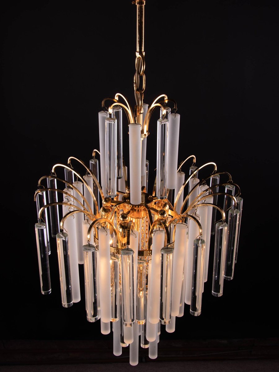 German Chandelier with Crystal Rods & Gilt Brass by Christoph Palme for Palwa, 1960s