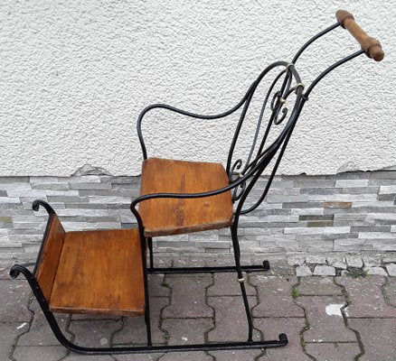 German Child's Carriage Seat with Wrought Iron Frame, Spruce Wood Handle and Spruce Wood Panels, 1900s-HOI-1091975