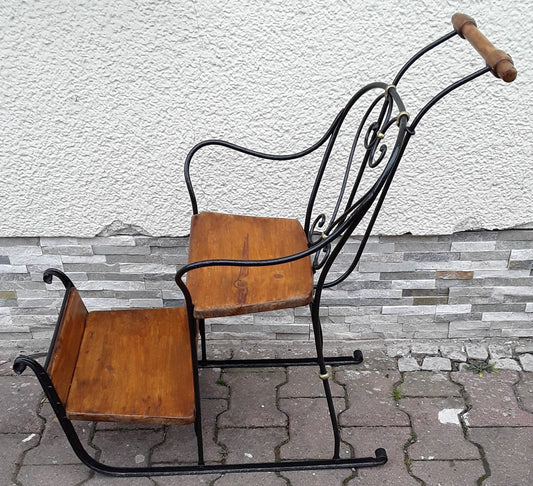 German Child's Carriage Seat with Wrought Iron Frame, Spruce Wood Handle and Spruce Wood Panels, 1900s