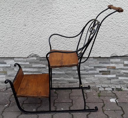 German Child's Carriage Seat with Wrought Iron Frame, Spruce Wood Handle and Spruce Wood Panels, 1900s-HOI-1091975