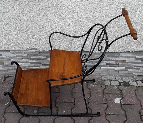 German Child's Carriage Seat with Wrought Iron Frame, Spruce Wood Handle and Spruce Wood Panels, 1900s-HOI-1091975