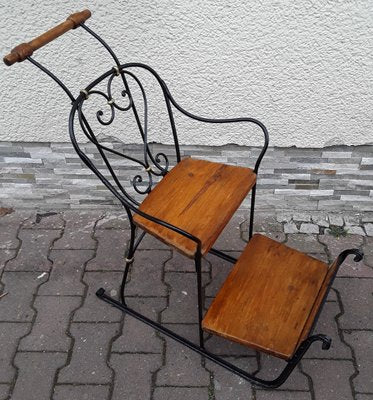 German Child's Carriage Seat with Wrought Iron Frame, Spruce Wood Handle and Spruce Wood Panels, 1900s-HOI-1091975